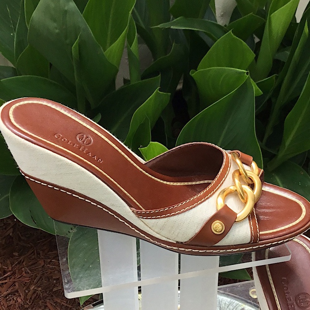 Cole Haan Kina Wedges Natural Linen/Brown leather Sandals - Picture 2 of 15